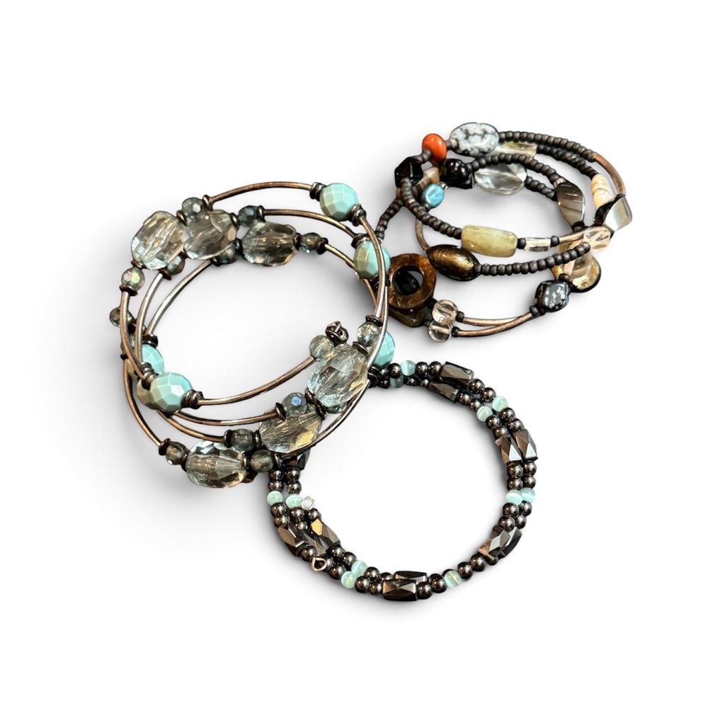 Bohemian Memory Wire Wrap Bracelet Set Mixed Media Beaded Stack 3pc Multi-Color